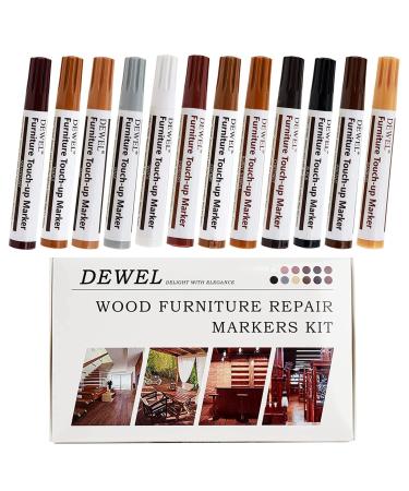 DEWEL Premium Furniture Touch Up Markers, 12 Colors Wood Scratch Repair Markers Kit, Perfect Repair Tools for Stains, Wood Floors, Scratches, Tables, Bedposts