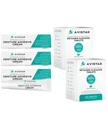 Avistar Extra Strong Denture Adhesive Cream (3 Pack 4.2 Fl Oz) and Retainer Cleaning Tablets (300 Mint Flavor 10 Months Supply)