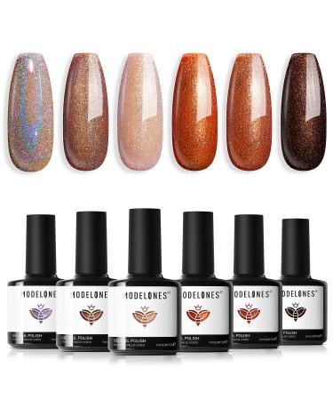 Modelones Fall Gel Nail Polish 6 Colors Chameleon Nude Brown Gel Polish Orange Holographic Pearl Shimmer Glitter Gel Polish Kit Soak Off LED Halloween Nail Art Gel DIY Salon Gift