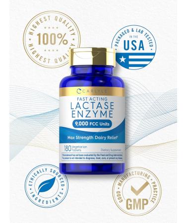 Carlyle Lactase Enzyme Tablets 9000 FCC | 180 Pills | Max Strength Dairy Relief | Fast Acting Formula | Vegetarian Non-GMO Gluten Free - Buy Online on GoSupps.com