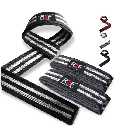 R2F tensile aids for strength training and bodybuilding (pair) cross-lifting weightlifting 5mm padded wrist protection handle fitness powerlifting weight lift straps black and white