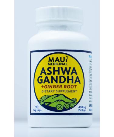 Maui Medicinal Herbs Ashwagandha Plus Ginger 90 Veggie Capsules - 400mg per Capsule Hawaiian(Organic Herbal Formula)