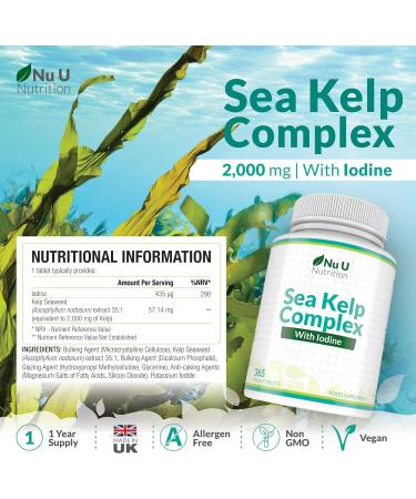 Sea Kelp Tablets 2000mg - 365 Vegan Tablets - High Strength Iodine Supplement for Thyroid Support - Non GMO - Natural Source from Wild Harvested Seaweed - Buy Online on GoSupps.com