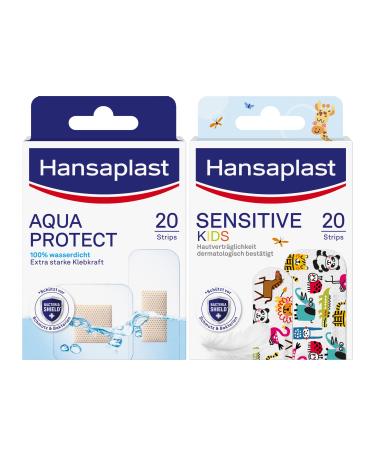 Hanseplast children's plaster sensitive (20 strips) wound plaster with cute animal motifs for cheering up + aqua protect paving (20 strips) waterproof wound pavement with extra strong adhesive power small sensitive + aqua protect