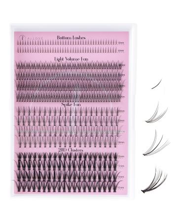 ALLOVE Wispy Lash Clusters Individual Lashes Multi-type Mixed DIY Lash Extensions with Bottom Lashes 7D Spike Lash Clusters Light Volume Fans 20D Cluster Lashes for Self Application at Home Bottom+Light Volume+Spike Fan+20D