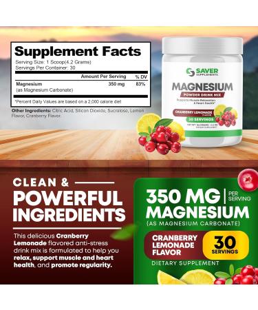 Saver Supplements Magnesium Powder - Anti-Stress Drink Mix for Calm & Regularity - Magnesium Citrate Supplement - Relaxation Muscle & Heart Support - Cranberry Lemonade Flavor - 30 Servings - Buy Online on GoSupps.com