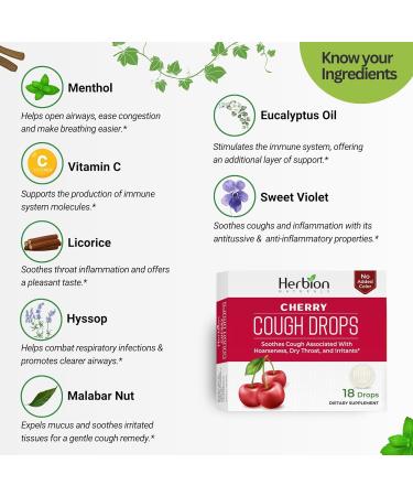 HERBION Naturals Cough Drops Dietary Supplement Soothes Cough for Adults and Children Over 6 Years No Artificial Flavor No Added Color 108 Count Cherry Pack of 6 - Buy Online on GoSupps.com