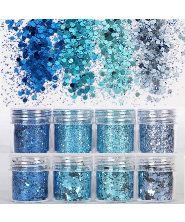 COKOHAPPY 8 Boxes Sky Blue Chunky Glitter Makeup  Holographic Flake Cosmetic Sequins Glitter  Ultra-thin Nail Art Iridescent Sparkle Mixed Glitter for Face Body Hair
