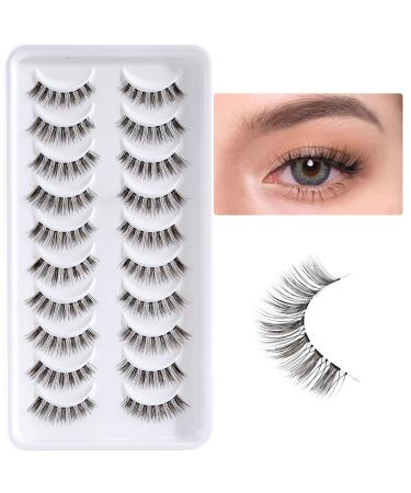 Half Lashes Cateye Wispy Short Clean Band Lashes Natural Look 10mm Hand-Knotted Strip False Eyelashes 10 Pairs Fake Lashes Pack