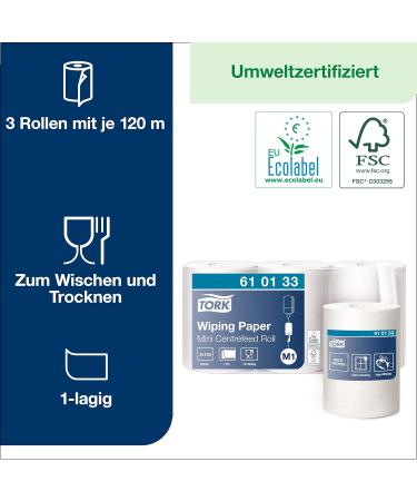Tork 610133 Multi-Purpose Paper Wiper for M1 Mini Donor System | 1-Layer Stable White Paper | 3 x 120m Advanced Single Rolls - International Shipping Available - Buy Online on GoSupps.com