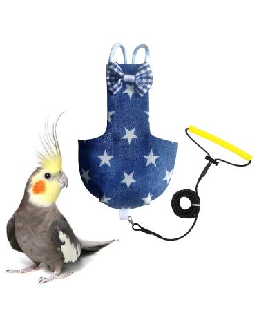 VANFAVORI Bird Diaper Harness Flight Suit with 80 Inch Flying Leash for Parrots Cockatiel Pet Birds,Including A Cotton Pad Denim(Star) S