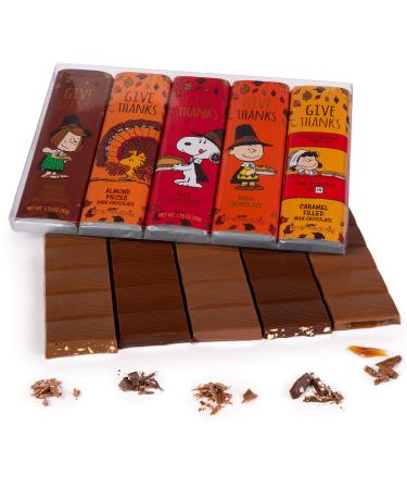 Peanuts Chocolate Thanksgiving Variety Gift Pack, Snoopy Gourmet Bar Snack Set, Charlie Brown Gifts for Kids, 1.75oz 5-Bar Rich Belgian Chocolate Give Thanks Box Set, Kosher Candy, Host Gift Shopping, Prime Holiday Deliver