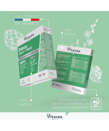 VITAVEA WELL-BEING - 24h Detox Food Supplement Day & Night - Elimination Digestion Drainage - Elderberry Chlorella Turmeric Birch Cherry Tail Artichoke - 28 tablets - Made in France - Buy Online on GoSupps.com