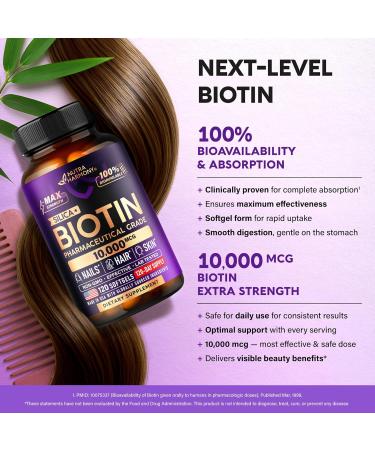 Biotin 10000mcg with Silicon - Pharmaceutical Grade Biotin Supplement for Women - Hair Growth Support Skin & Nails - Max Strength & 100% Bioavailability - Made in USA - 120 Softgels 120 Days Supply - Buy Online on GoSupps.com