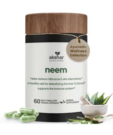 AKSHAR Ayurveda - Neem Capsules with Neem Extract and Neem Leaf Powder - Herbal Neem Supplement to Support Clear Skin Health and Detox - Vegan Cruelty-Free Neem Leaf Capsules (60 Count)