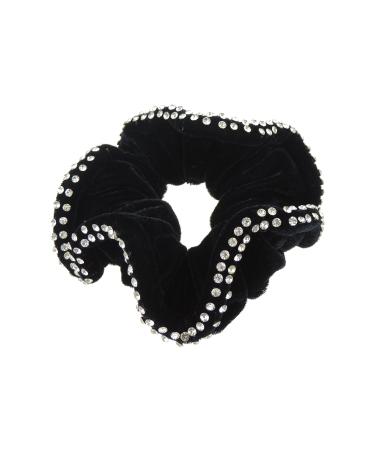 Womens Girls Black Velvet Diamante Crystal Evening Christmas Birthday Bridal Wedding Bridesmaid Party Ponio Hair Tie Up Back Elastic Accessories Bobbles Ponytail Holder Rubber Bands 2 Rows
