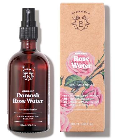 Bionoble Organic Rose Water 100ml - 100% Pure and Natural Damask Rose Hydrolat - Face Eye Contour Body Hair - Glass Bottle + Spray Rosa Damascena 100 ml (Pack of 1)