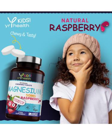 Kids Magnesium Tablets for Sleep & Anxiety 50mg - Chewable Raspberry Flavour - Vegan Society Registered - 2 Months Supply - Made in the UK - Buy Online on GoSupps.com