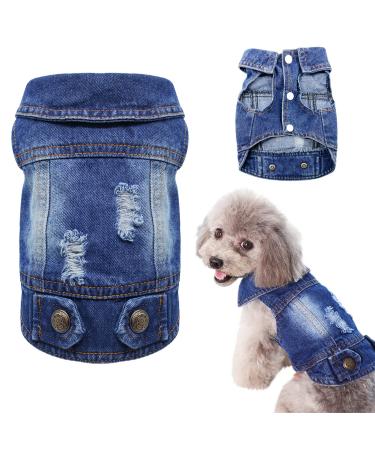 SILD Pet Clothes Dog Jeans Jacket Cool Blue Denim Coat Small Medium Dogs Lapel Vests Classic Hoodies Puppy Blue Vintage Washed Clothes XS Blue