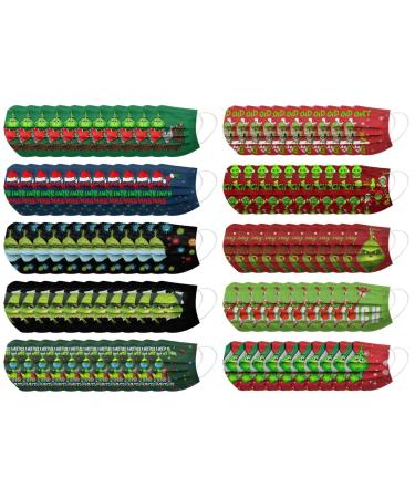 100Pcs Kids Grinch Disposable Face_Mask - Christmas Childrens Face_Mask Assorted Colors Design Boys Girls 3-Ply Face_Covering (Grinch I)