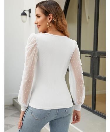 Fayenne Womens Tops Deep V Neck Cross Wrap Sexy Tops Polka Dot Mesh Long Sleeve T Shirt Casual Blouses M White - Buy Online on GoSupps.com
