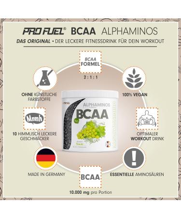 Alphaminos BCAA Powder 300g - Test Winner in Grape Flavor | Essential Vegan Amino Acids Leucine Isoleucine & Valine | Top Solubility & Lab Tested - Buy Online on GoSupps.com