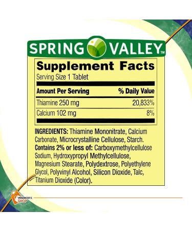 Spring Valley Vitamin B1 (Thiamine) Tablets 250mg - 100 Ct | Supports Energy & Metabolism | Dietary Supplement + VenanciosFridge Sticker - Buy Online on GoSupps.com