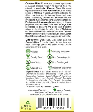 Ocean's Ultra C Face Toner - Brightening Detoxifying Anti-Aging - Tightens Clarifies Minimizes Pores - USDA Organic Physician Formulated - Buy Online on GoSupps.com