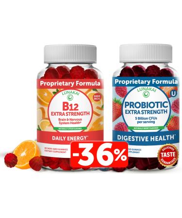 Lunakai Vitamin B12 and Probiotic Gummies Bundle - 3000 mcg Gummy for Adults Energy Support and Bone Health - 5 Billion CFUs Per Serving for Digestive Gut Health with Vitamin C for Women & Men