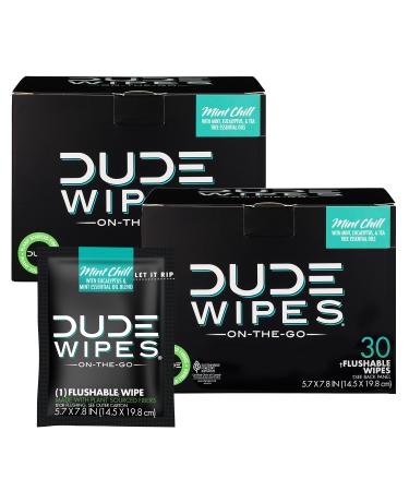 DUDE Wipes On-The-Go Flushable Wet Wipes - 2 Pack, 60 Wipes - Mint Chill Extra-Large Individually Wrapped Wipes with Eucalyptus & Tea Tree Oil - Septic and Sewer Safe