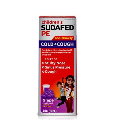 CHILDREN'S SUDAFED PE Nasal Decongestant Cough Suppressant COLD + COUGH Non-Drowsy Grape Flavor 4 fl oz