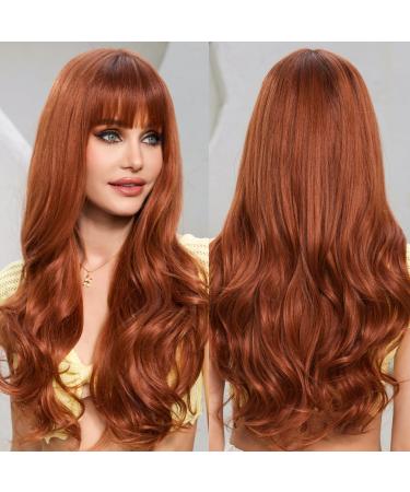 EMMOR Ombre Auburn Wigs for Women Long Curly Wig with Bangs Heat Resistant Fiber Synthetic Wigs Daily Natural looking