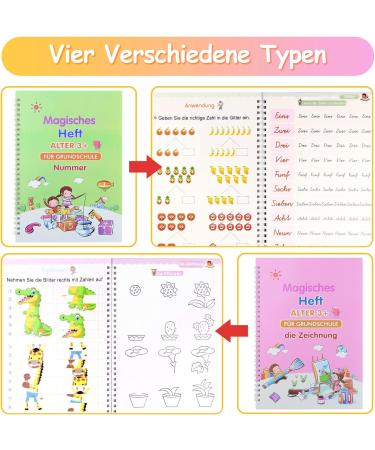Qianshouyan 4-Piece German Magical Booklet Set | Reusable Handwriting Exercise Book with Pen for Kids | 26x18cm Calligraphy Numbers Drawing & Letters Learning - Buy Online on GoSupps.com