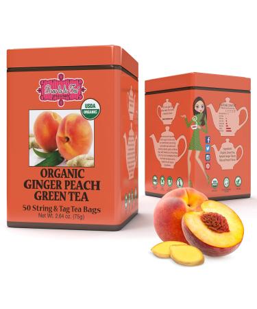 Brew La La Organic Green Tea - Natural Ginger Peach Flavor - 50 Double Chambered Tea Bags - Low Caffeine Tea - USDA Certified Organic - NonGMO - Gluten Free