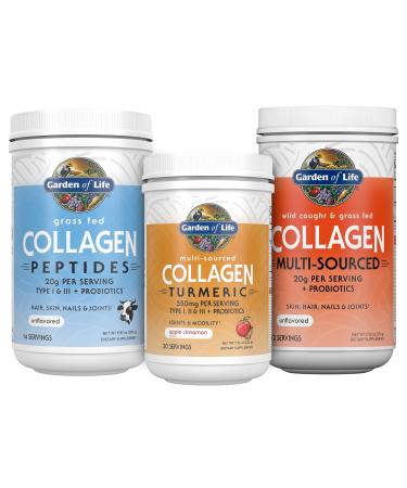Garden of Life Collagen Bundle: Grass Fed Peptides Unflavored 14 Servings + Collagen Turmeric Apple Cinnamon 20 Servings + Multi-Sourced Collagen Unflavored Powder 12 Scoops Hair Skin Nails Joints