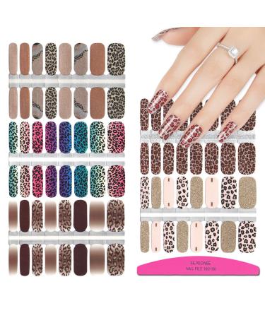 SILPECWEE 5 Sheets Cheetah Print Adhesive Nail Polish Stickers Decals with 1Pc Nail File Full Wraps Nail Strips Manicure Kit No2