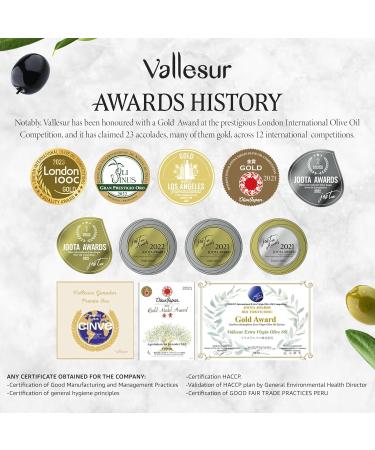Vallesur Peruvian Premium Extra Virgin Olive Oil - Hand-Picked & Cold Extracted - Fruity, Rich Flavor - Globally Awarded - 688 mg/kg Polyphenol - 500ml - Buy Online on GoSupps.com