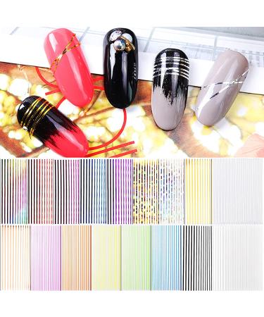Ebanku 17 Sheets Strip Line Nail Stickers - 3D Fluorescent Laser Gold Nail Decals for Women - Nail Art Design Decoration - Buy Online on GoSupps.com