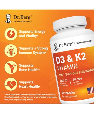 Dr. Berg Maximum Strength 2-in-1 Vitamin D3 K2 5000 IU | Naturally Derived D3 | 4X Lab-Tested & Verified | High Absorption Formula | K2 D3 Vitamin Supplement - 60 Capsules 60 Count (Pack of 1) - Buy Online on GoSupps.com
