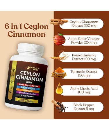 Athletic Choice Ceylon Cinnamon Supplement 6-in-1 Extract w/ACV Turmeric Ginseng Alpha Lipoic Acid & Black Pepper Powder 60 Pills Non-GMO & Gluten-Free Ceylon Cinnamon Capsules - Buy Online on GoSupps.com