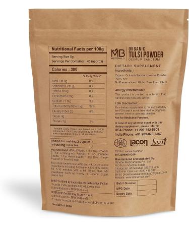 MB Herbals Organic Tulsi Powder 8 oz - USDA Certified | Premium Quality Ocimum Sanctum Tulasi for Tea | 0.5 lb (227g) Diet Supplement - Buy Online on GoSupps.com