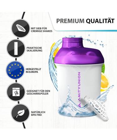 Amity Union Women Protein Shaker 400ml - Leak-Proof BPA-Free White & Purple Deluxe - Perfect for Creamy shakes Gym & Fitness - Sieve & Scale Included - Buy Online on GoSupps.com