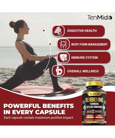 Tenmido Berberine Supplement - 7in1 Formula - Combine with Turmeric Royal Jelly Ceylon Cinnamon Ginkgo Biloba Ginger & Black Pepper - Digestive Health Immune Support - 120 Capsules - Buy Online on GoSupps.com