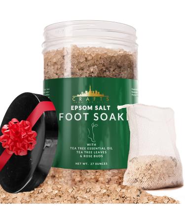 Crafts And The City Epsom Salt Tea Tree Oil Foot Soak Salts for Pain Relief - 27 oz Large Container with Tea Tree & Rose Leaves - Herbal Pedicure Foot Spa Soak Salt for Foot Bath Soaking for Dry Feet