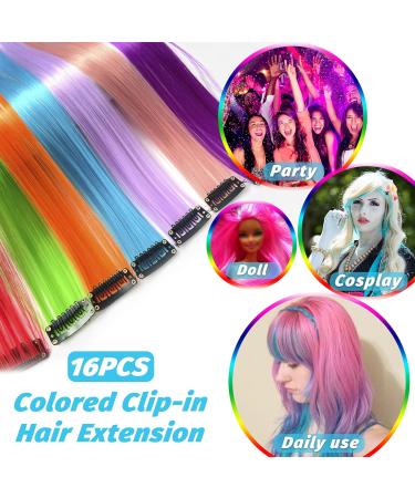 16Pcs Colored Clip in Hair Extensions 22 Inch - Long Heat-Resistant Synthetic Hair - Party Hair Decor - Pink+Sky Blue Light Blue+Red - Buy Online on GoSupps.com