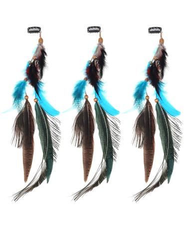 MWOOT 3Pcs Clip in Feather Hair Extension  Peacock Feather Extension  Women Halloween Costume Hair Accessories  Bohemian Hippie Hair Clips  Cosplay Native Tribal Feather Braided Beads Headdress