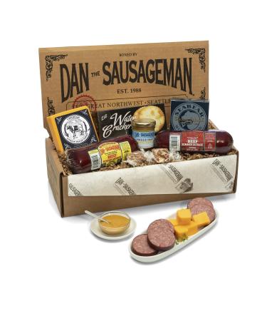 Dan the Sausageman's Gourmet Silver Star Gift Basket with Seabear Salmon, Smoked Summer Sausages Sweet Hot Mustard, Crackers, Charcuterie Host Party Gift