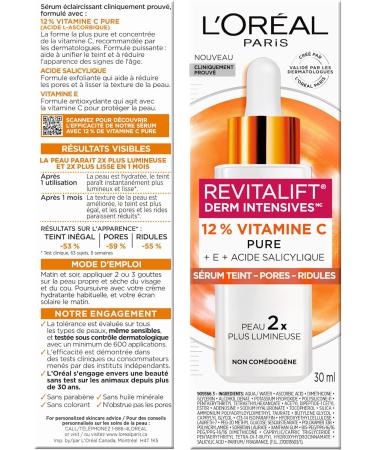 L'Or al Paris 12% Pure Vitamin C Brightening Face Serum with Vitamin E & Salicylic Acid for Antioxidant Protection & Less Visible Pores Revitalift Derm Intensives 30mL - Buy Online on GoSupps.com
