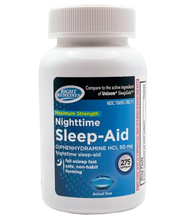 RIGHT REMEDIES Maximum Strength Nighttime Sleep Aid Softgels, Diphenhydramine HCI 50 mg, Fall Asleep Fast, Supports Deeper, Restful Sleep (275 softgels)