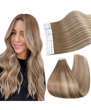 Ugeat tape extensions real hair light brown with beige blond tape in extensions real hair balayage blonde hair extension real hair tape blond 20 pieces 30 cm #9a/60/9a